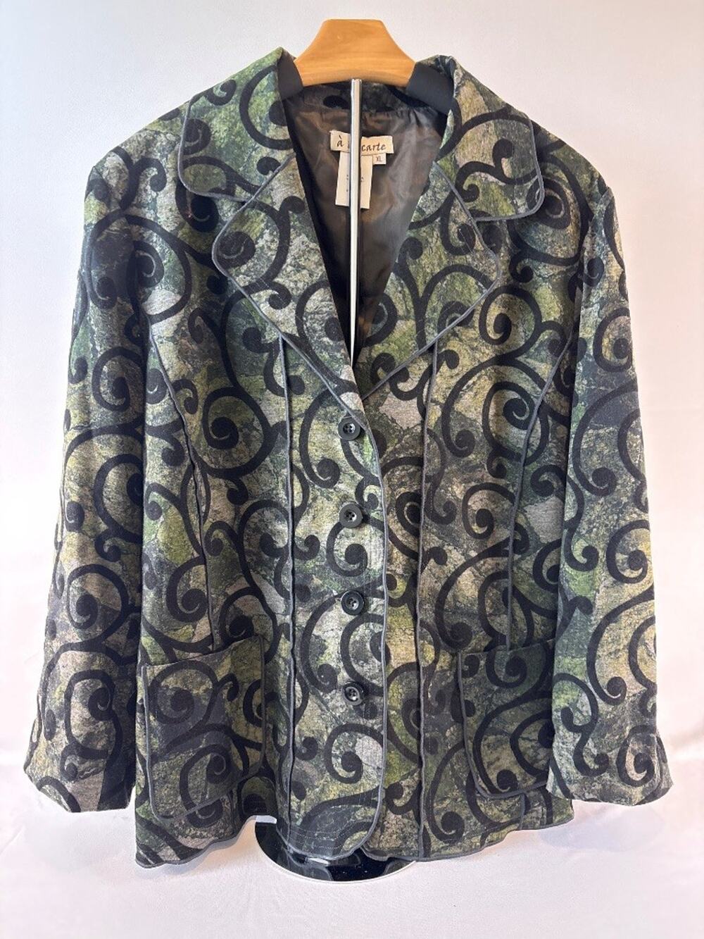 Blazer Jacket XL Green Black Velvet Scroll Print Lined Button Front Artsy Boho